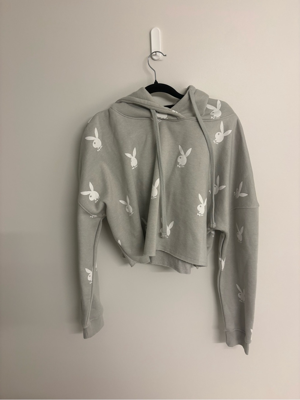 Missguided Light Gray Cropped Hoodie with White Bunny Motif